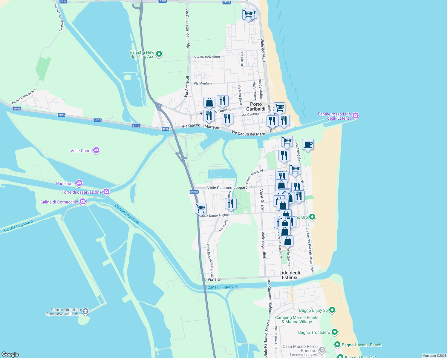 map of restaurants, bars, coffee shops, grocery stores, and more near 16 Via Ippocampo in Lido degli Estensi