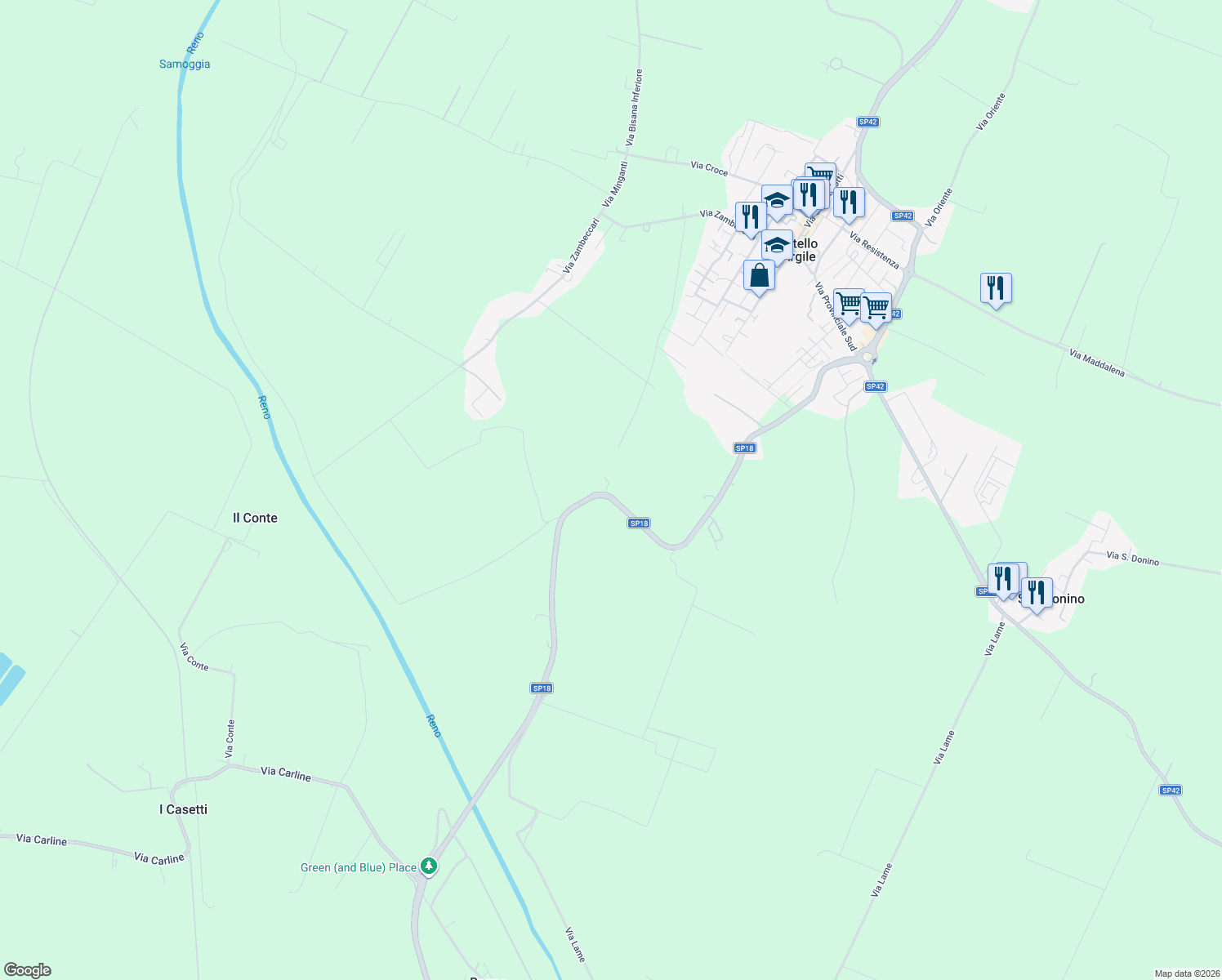 map of restaurants, bars, coffee shops, grocery stores, and more near 27 Via Suore in Città Metropolitana di Bologna