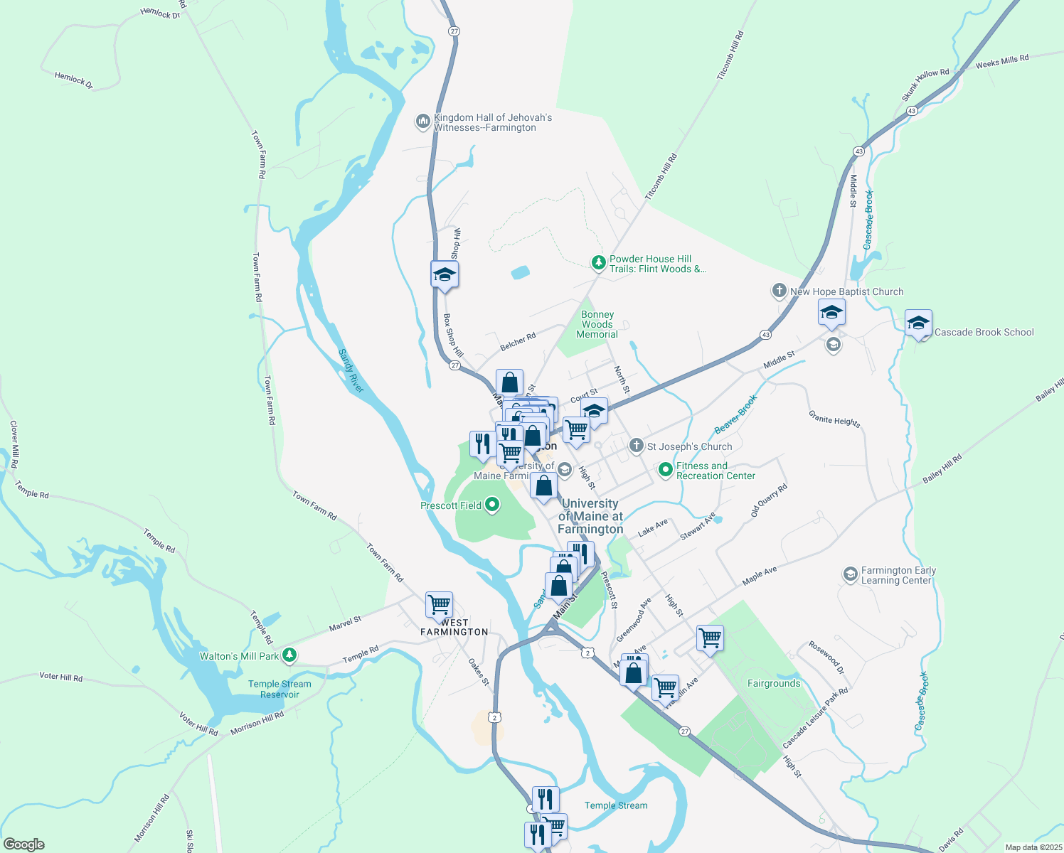 map of restaurants, bars, coffee shops, grocery stores, and more near 113 Church Street in Farmington
