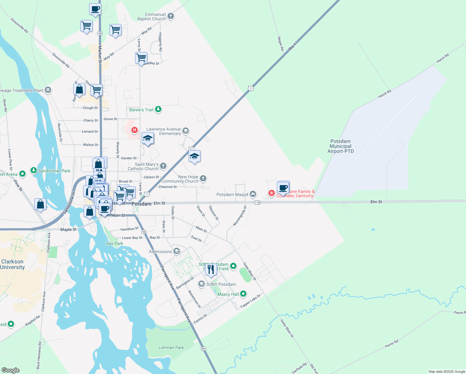 map of restaurants, bars, coffee shops, grocery stores, and more near 9 Wellings Dr in Potsdam