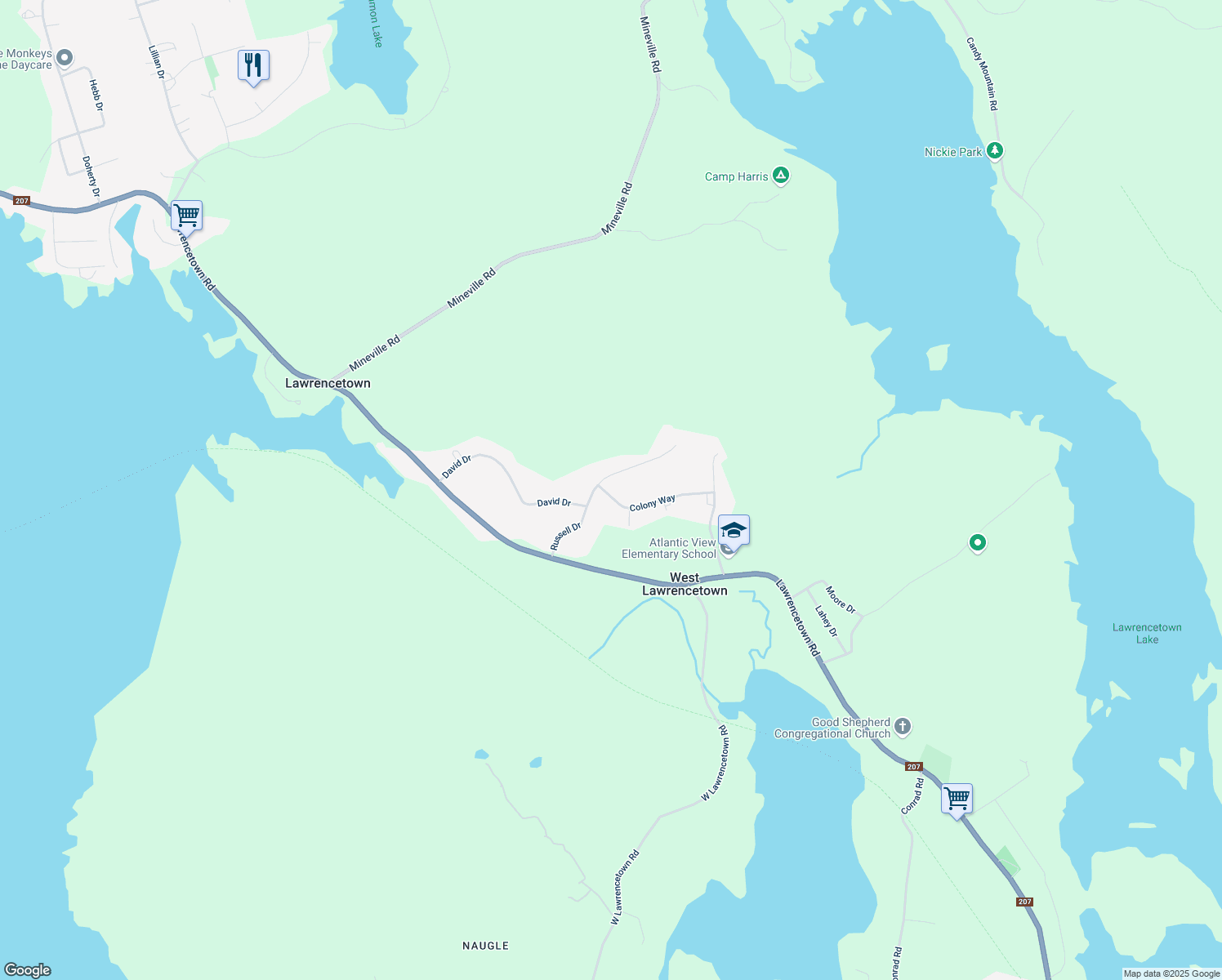 map of restaurants, bars, coffee shops, grocery stores, and more near 43 Colony Way in Lawrencetown
