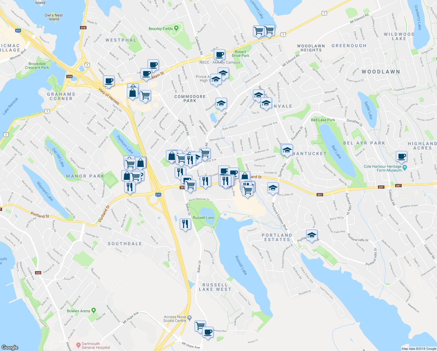 map of restaurants, bars, coffee shops, grocery stores, and more near 11 Elizabeth Street in Dartmouth