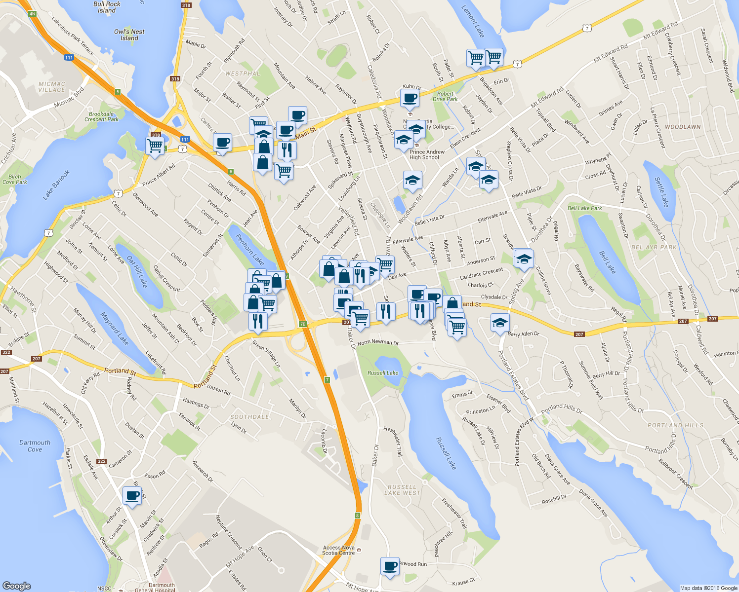 map of restaurants, bars, coffee shops, grocery stores, and more near 3 Power Street in Dartmouth