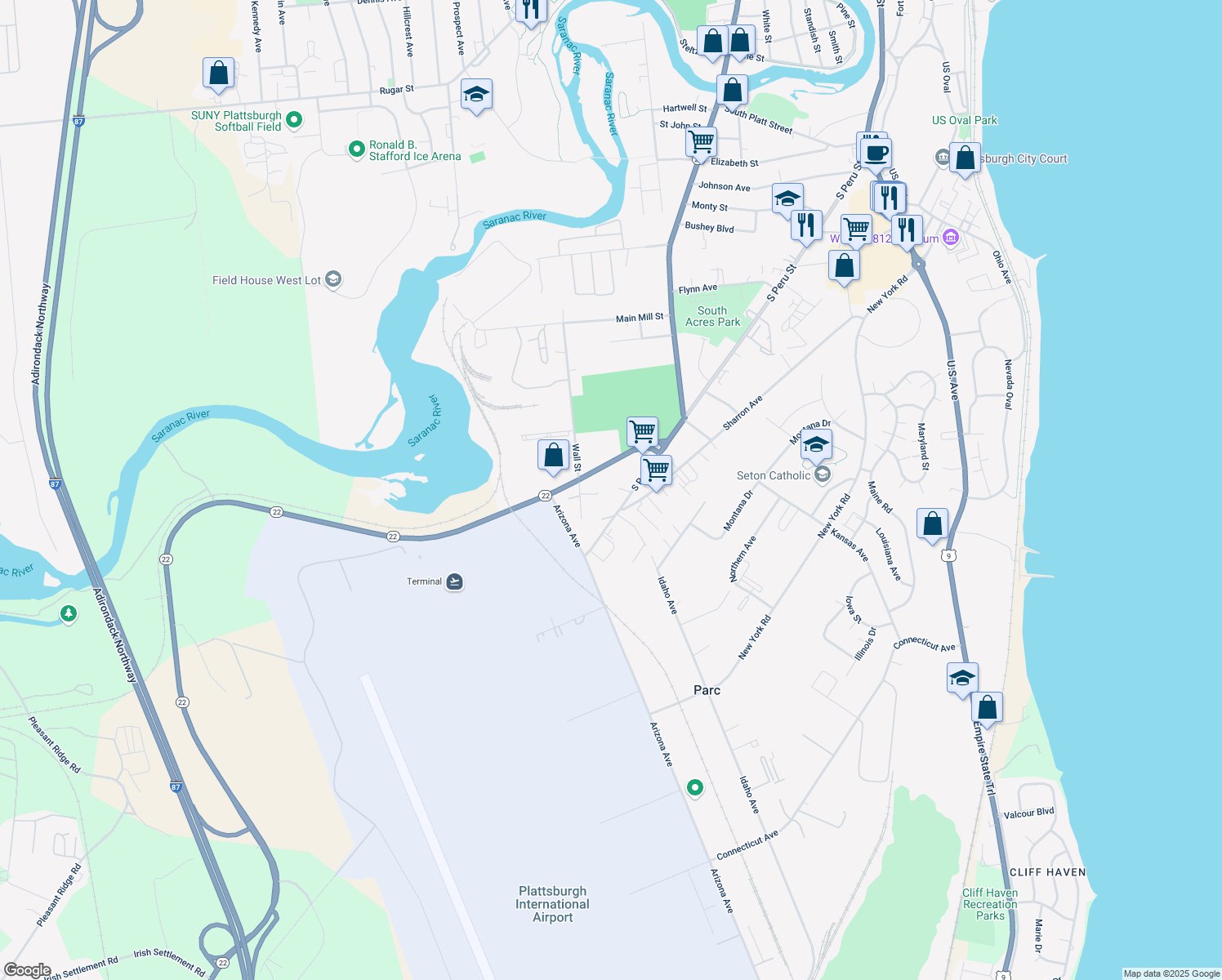 map of restaurants, bars, coffee shops, grocery stores, and more near 7 Kim Ct in Plattsburgh