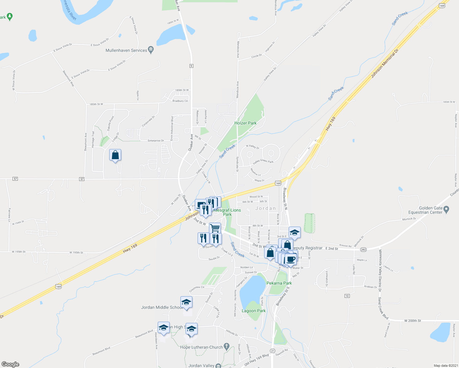 map of restaurants, bars, coffee shops, grocery stores, and more near 712 Syndicate Street in Jordan