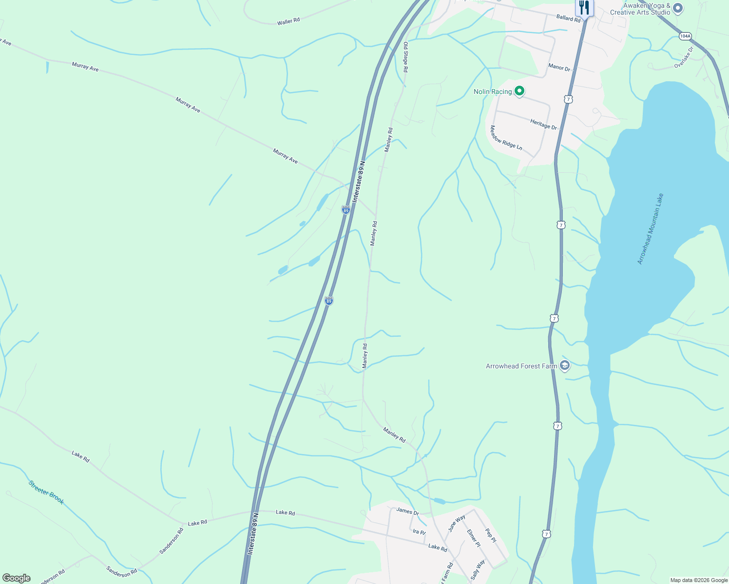 map of restaurants, bars, coffee shops, grocery stores, and more near 174 Manley Road in Chittenden County