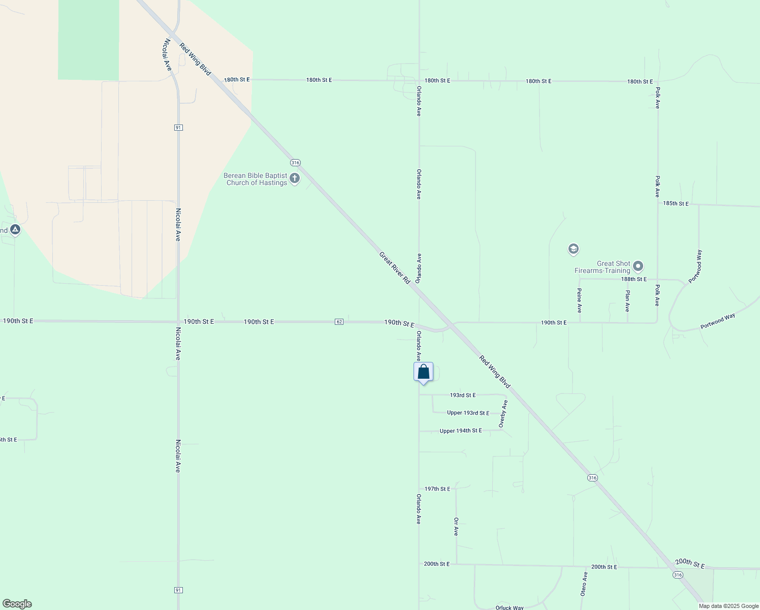 map of restaurants, bars, coffee shops, grocery stores, and more near 15359 190th Street East in Hastings