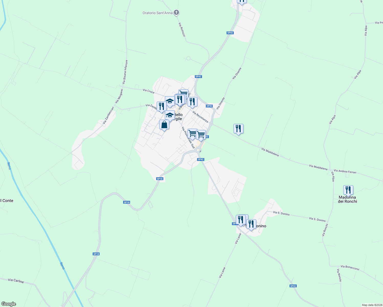 map of restaurants, bars, coffee shops, grocery stores, and more near 2 Via del Lavoro in Castello D'argile