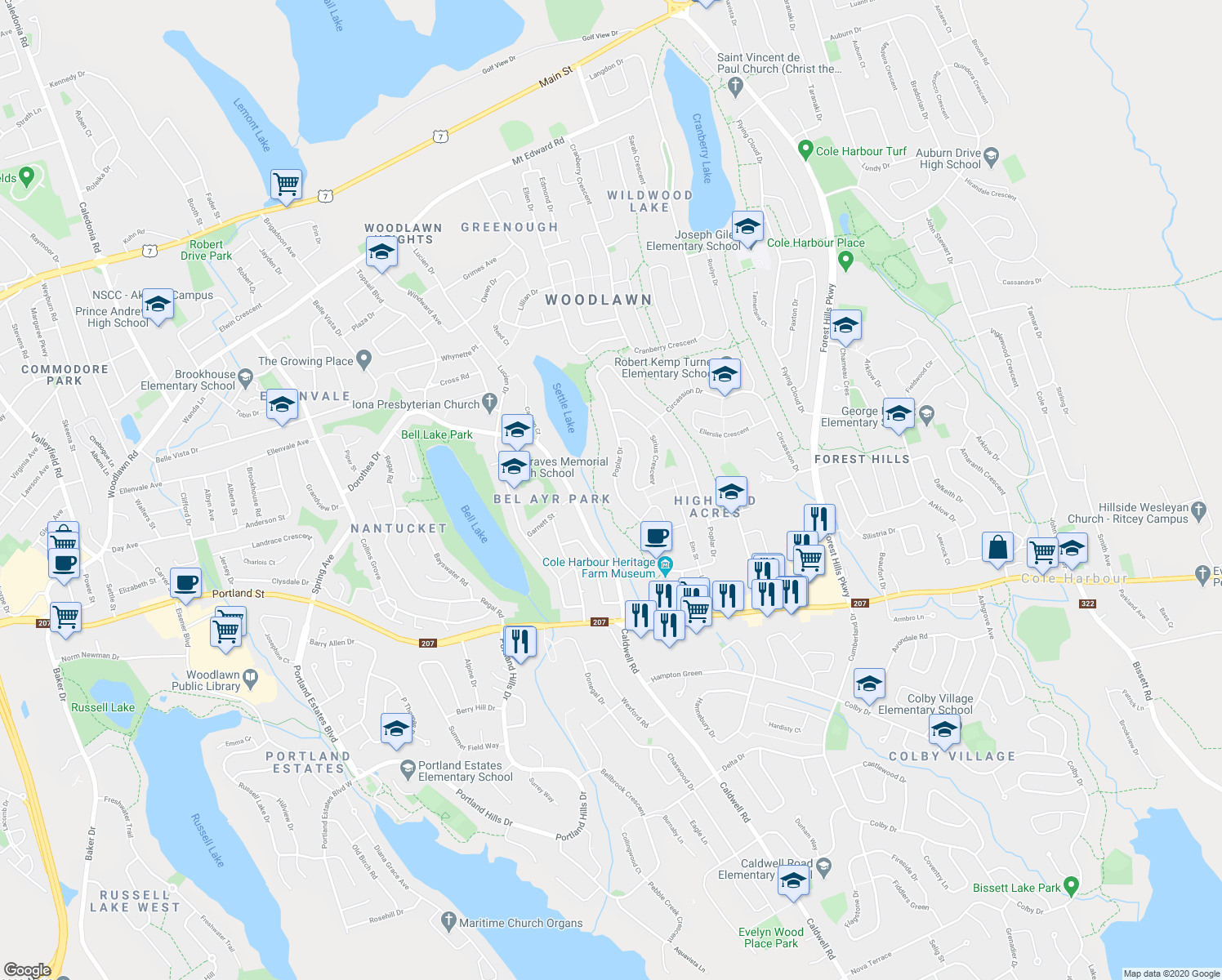 map of restaurants, bars, coffee shops, grocery stores, and more near 379 Poplar Drive in Dartmouth