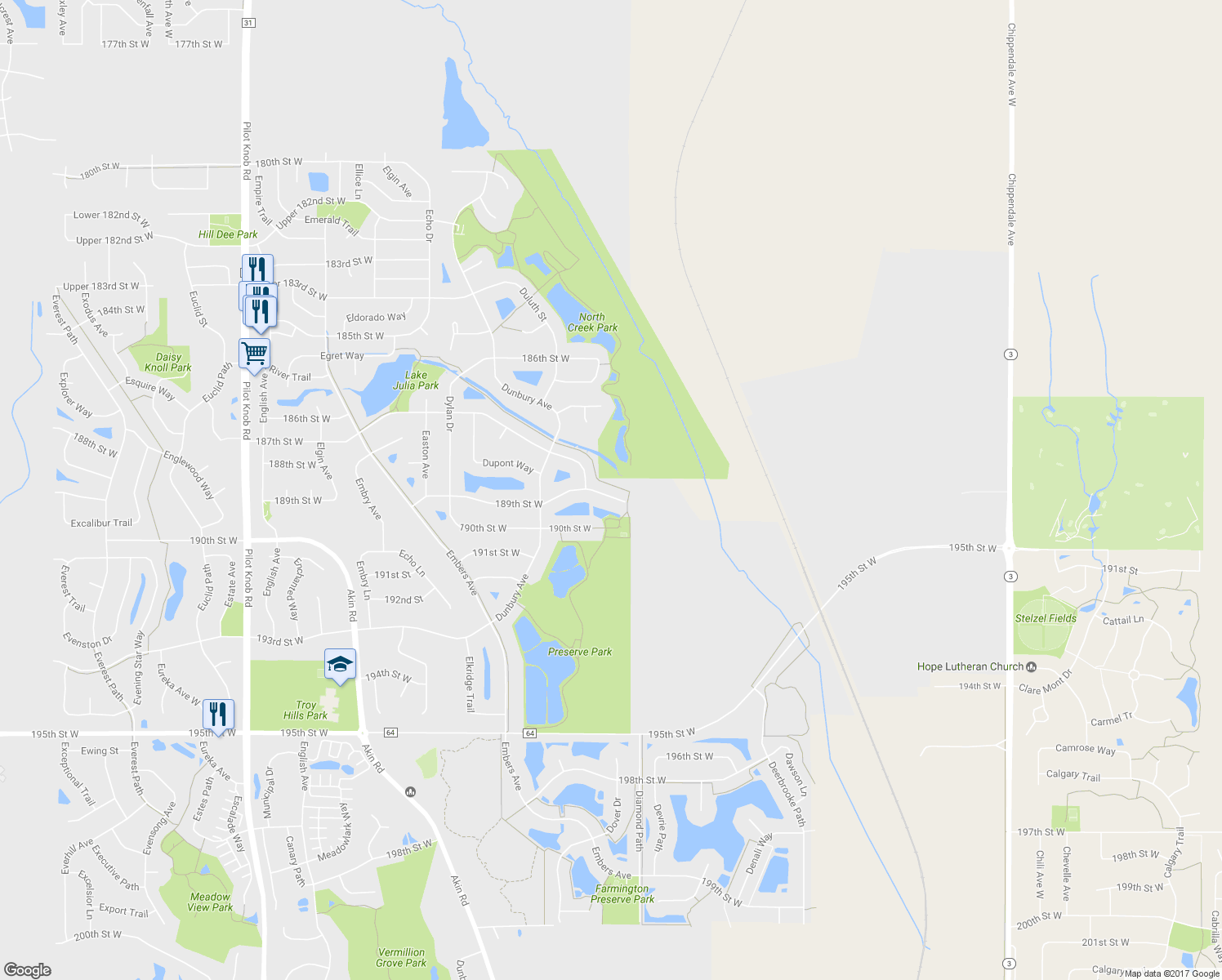 map of restaurants, bars, coffee shops, grocery stores, and more near 4705 189th Street West in Farmington