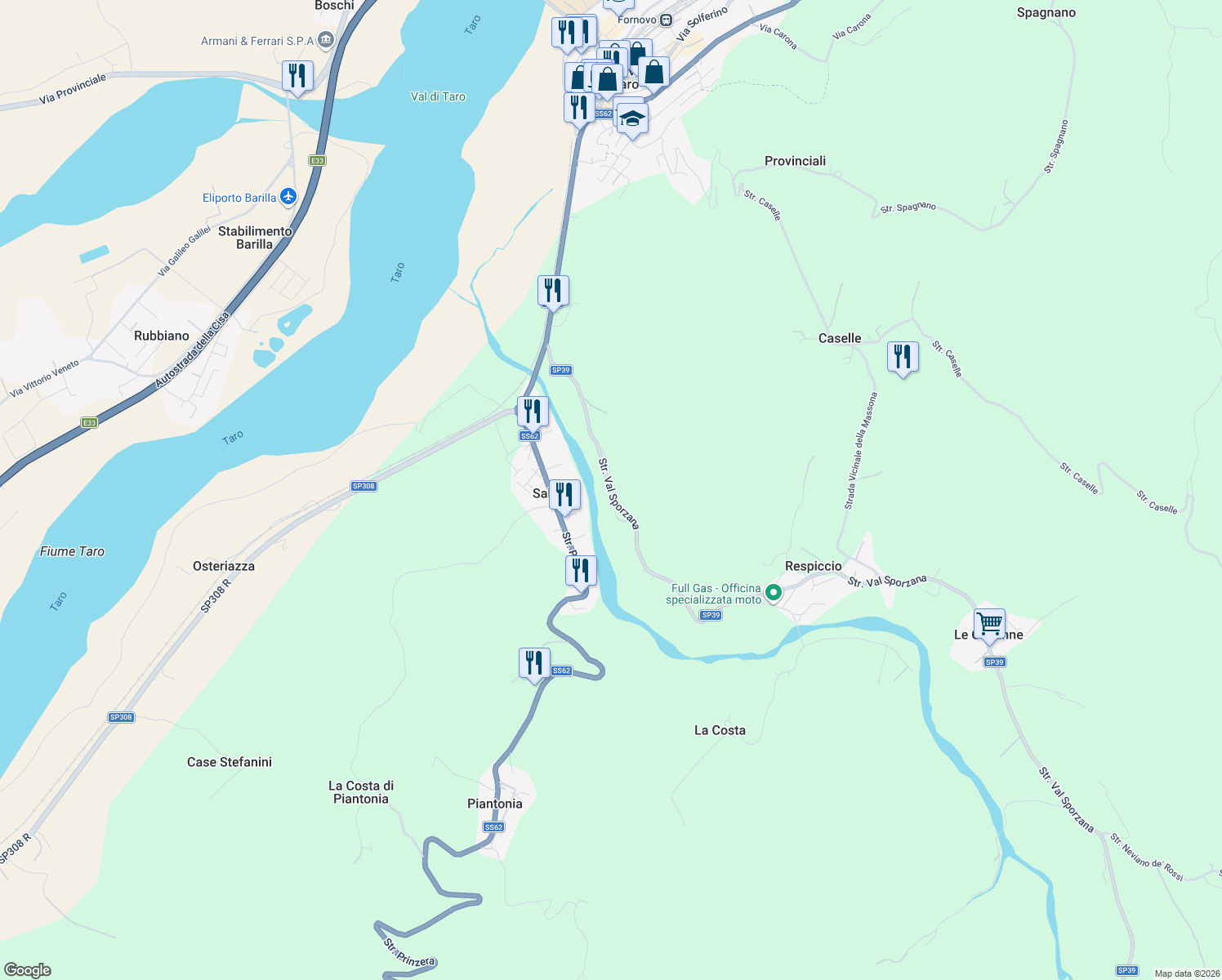 map of restaurants, bars, coffee shops, grocery stores, and more near 4 Strada Val Sporzana in Provincia di Parma
