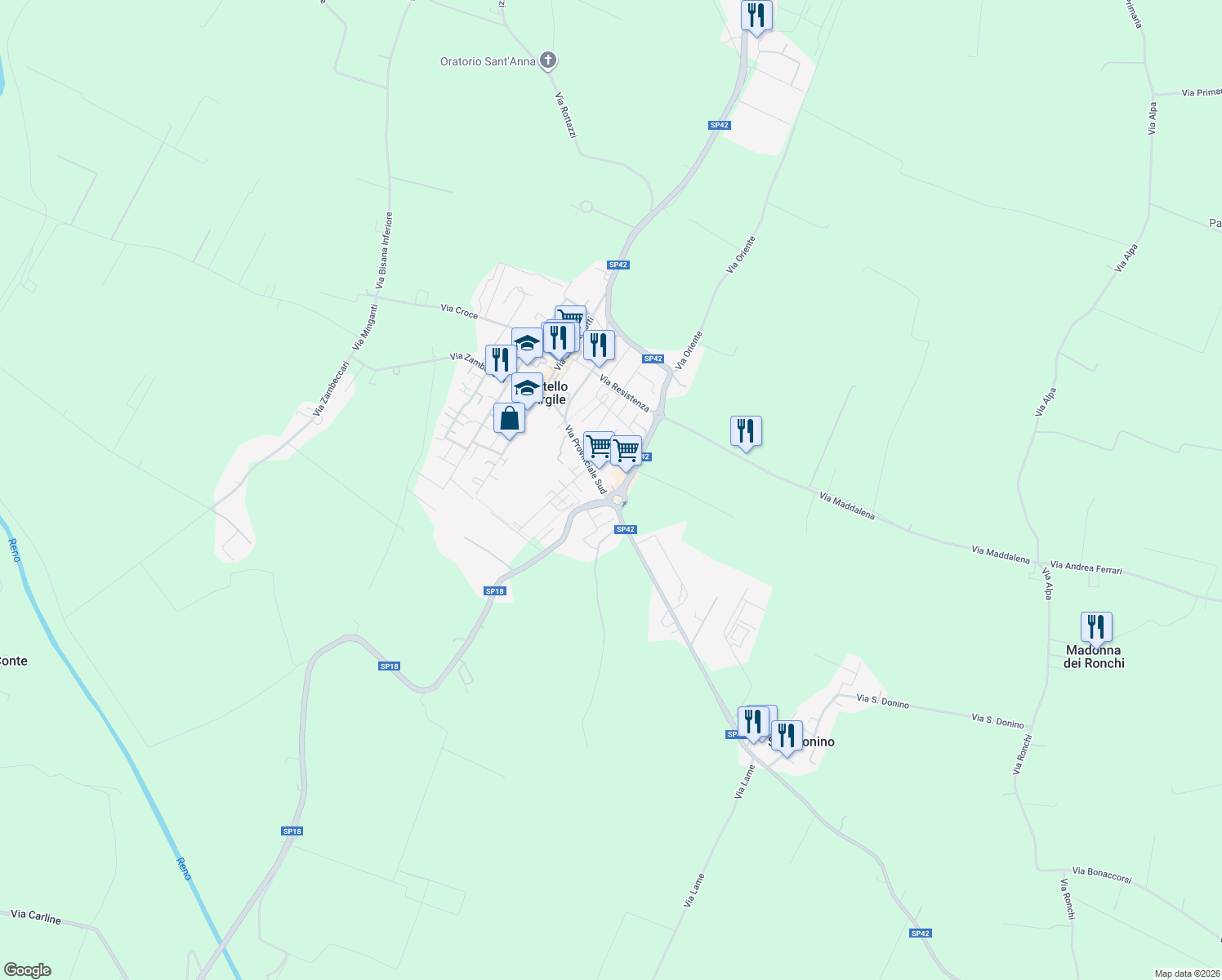 map of restaurants, bars, coffee shops, grocery stores, and more near 2 Via del Lavoro in Castello D'argile