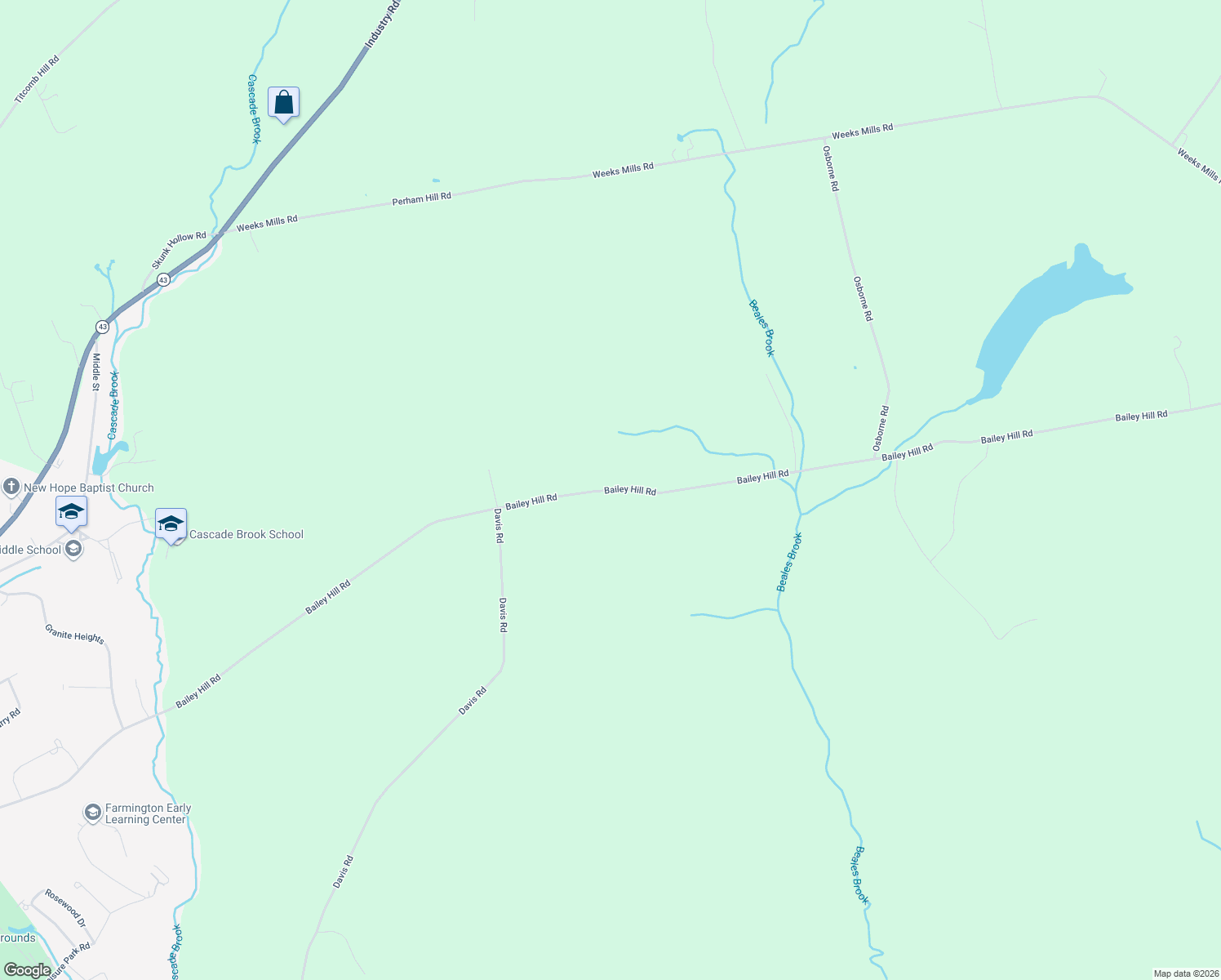 map of restaurants, bars, coffee shops, grocery stores, and more near Bailey Hill Road in Farmington