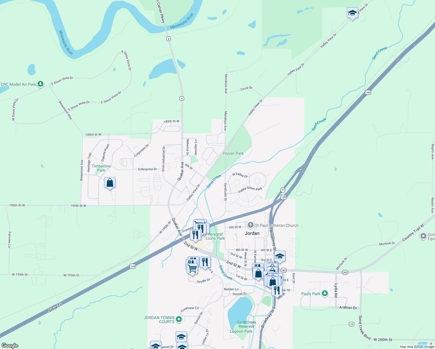 map of restaurants, bars, coffee shops, grocery stores, and more near 900 Syndicate Street in Jordan