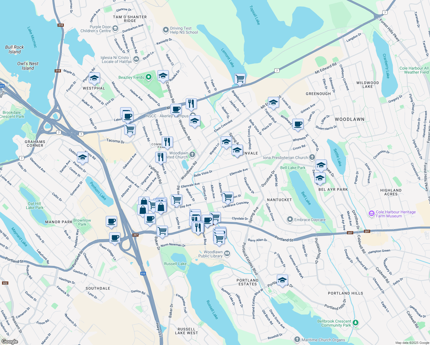 map of restaurants, bars, coffee shops, grocery stores, and more near 115 Belle Vista Drive in Dartmouth