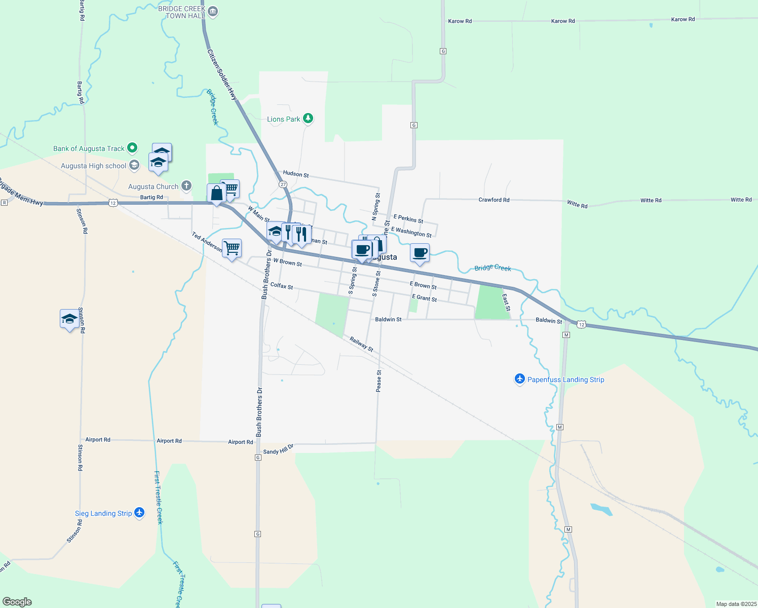 map of restaurants, bars, coffee shops, grocery stores, and more near 406 S Stone St in Augusta