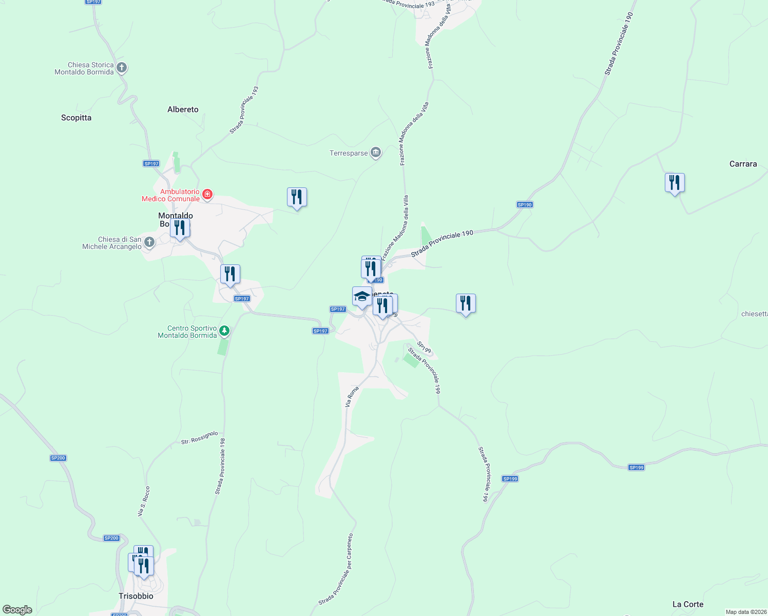 map of restaurants, bars, coffee shops, grocery stores, and more near 21 Via Torino in Carpeneto