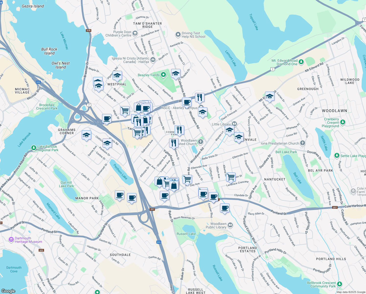 map of restaurants, bars, coffee shops, grocery stores, and more near 45 Mulgrave Lane in Dartmouth