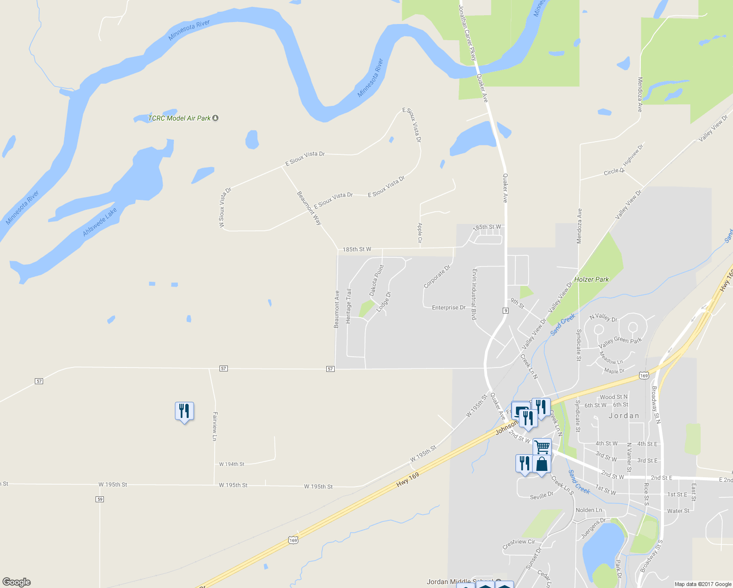 map of restaurants, bars, coffee shops, grocery stores, and more near 755 Dakota Point in Jordan