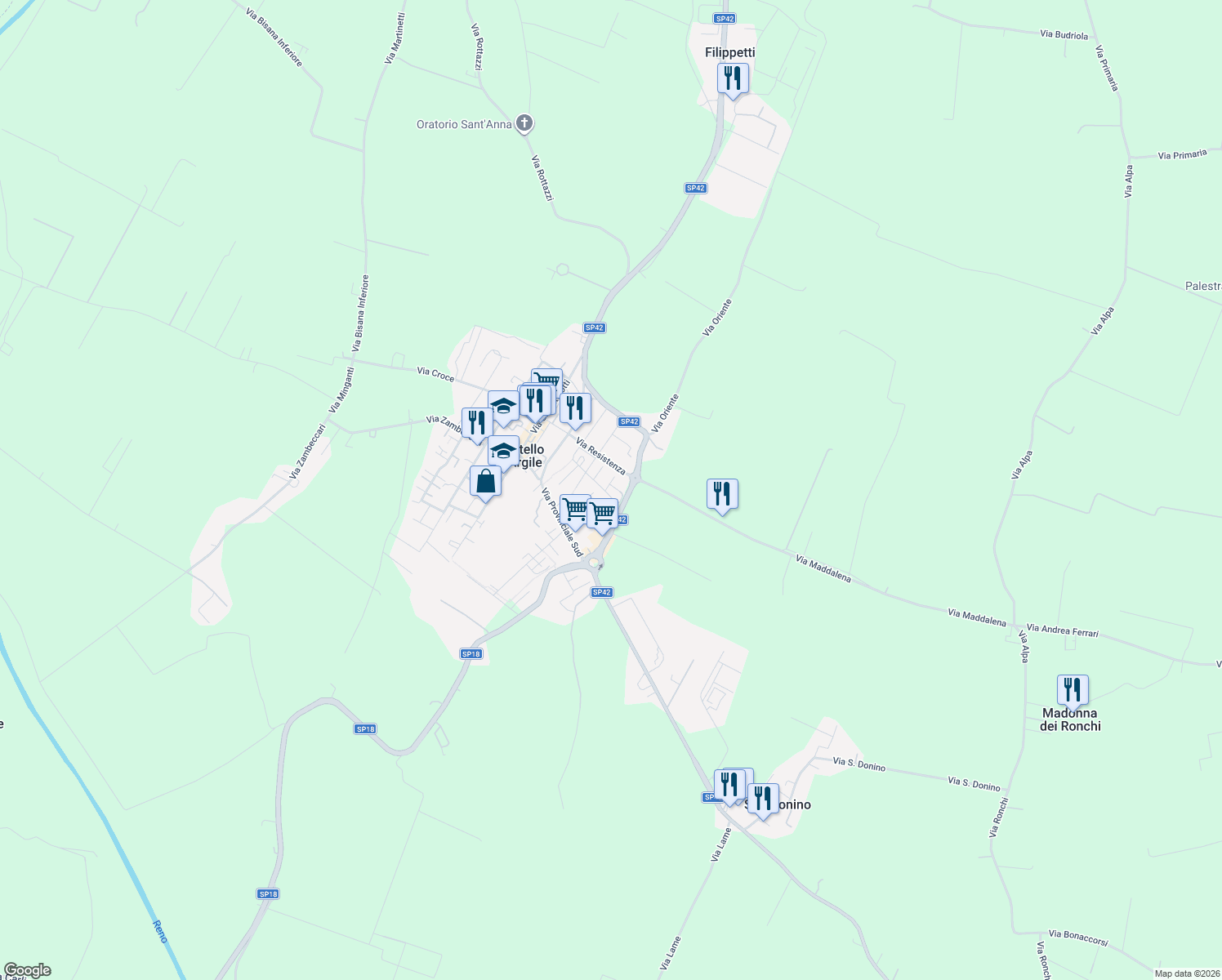 map of restaurants, bars, coffee shops, grocery stores, and more near 58 Via Aldo Moro in Castello D'argile