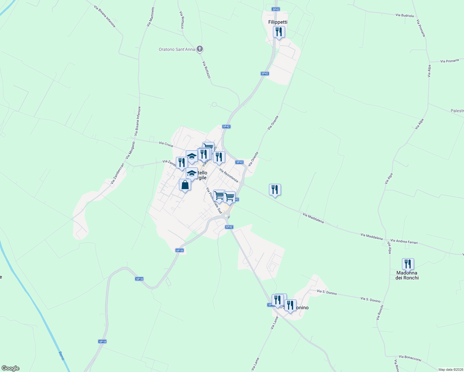 map of restaurants, bars, coffee shops, grocery stores, and more near 58 Via Aldo Moro in Castello D'argile