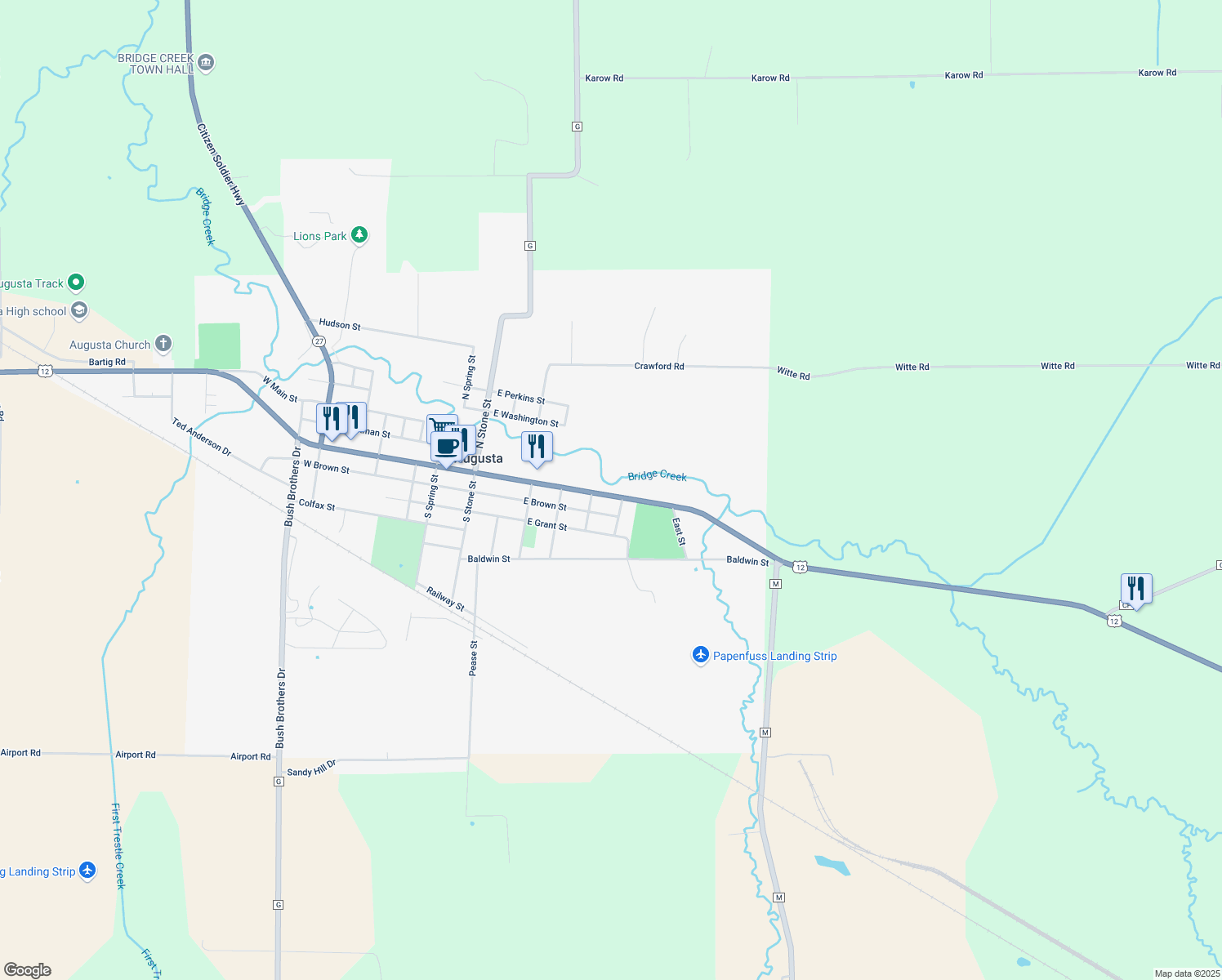 map of restaurants, bars, coffee shops, grocery stores, and more near 522 East Lincoln Street in Augusta