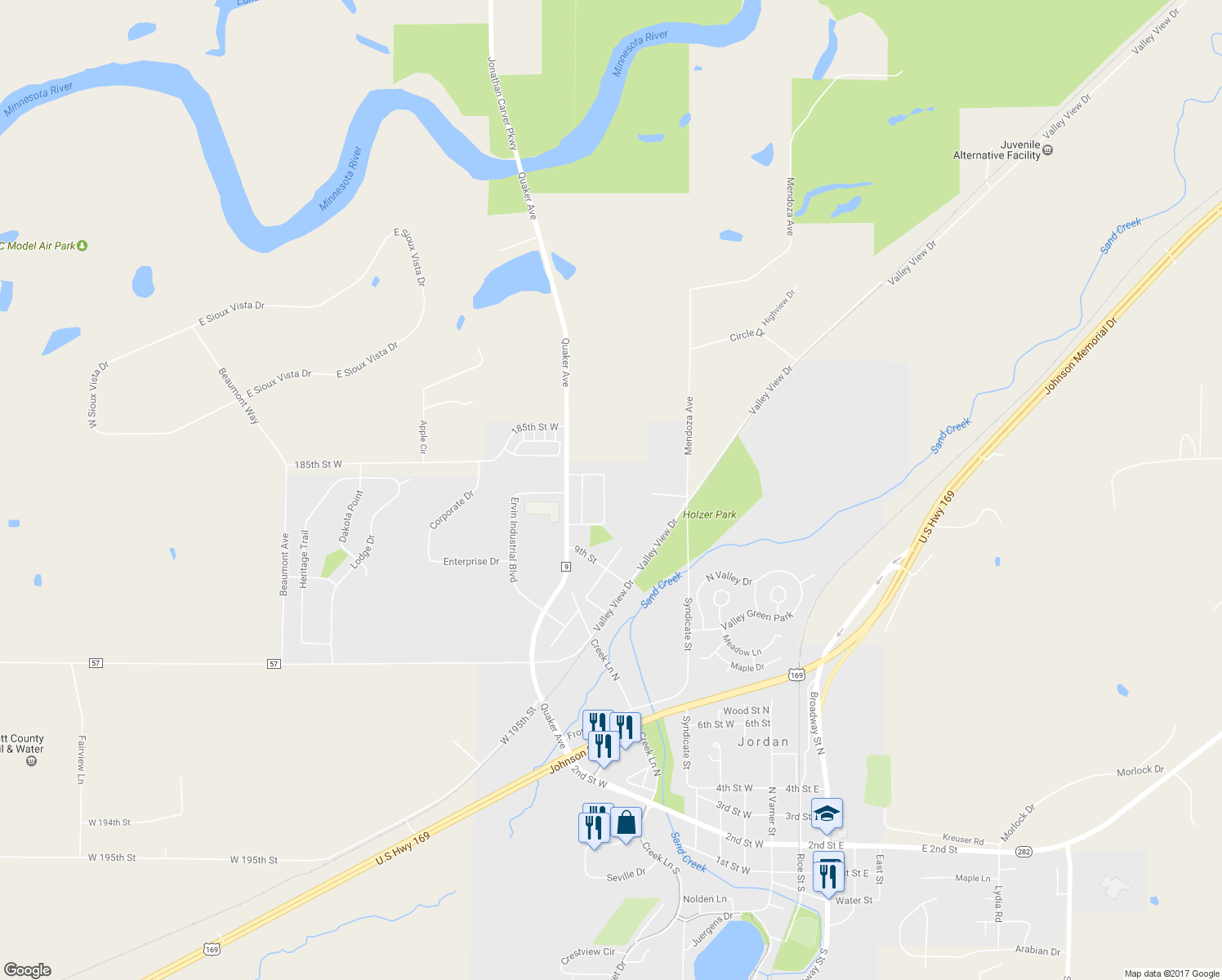 map of restaurants, bars, coffee shops, grocery stores, and more near 216 Jennifer Lane in Jordan