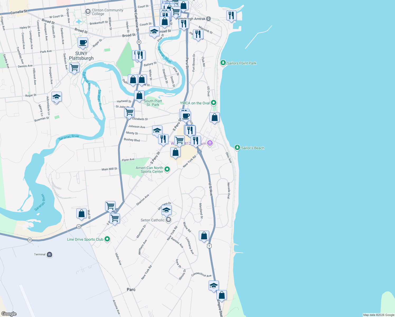 map of restaurants, bars, coffee shops, grocery stores, and more near 5023 U.S. Ave in Plattsburgh