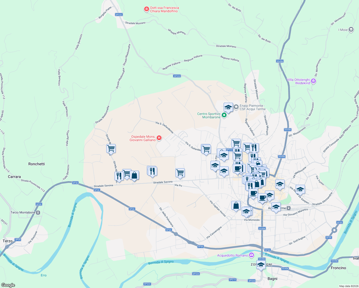map of restaurants, bars, coffee shops, grocery stores, and more near 271 Via San Defendente in Acqui Terme