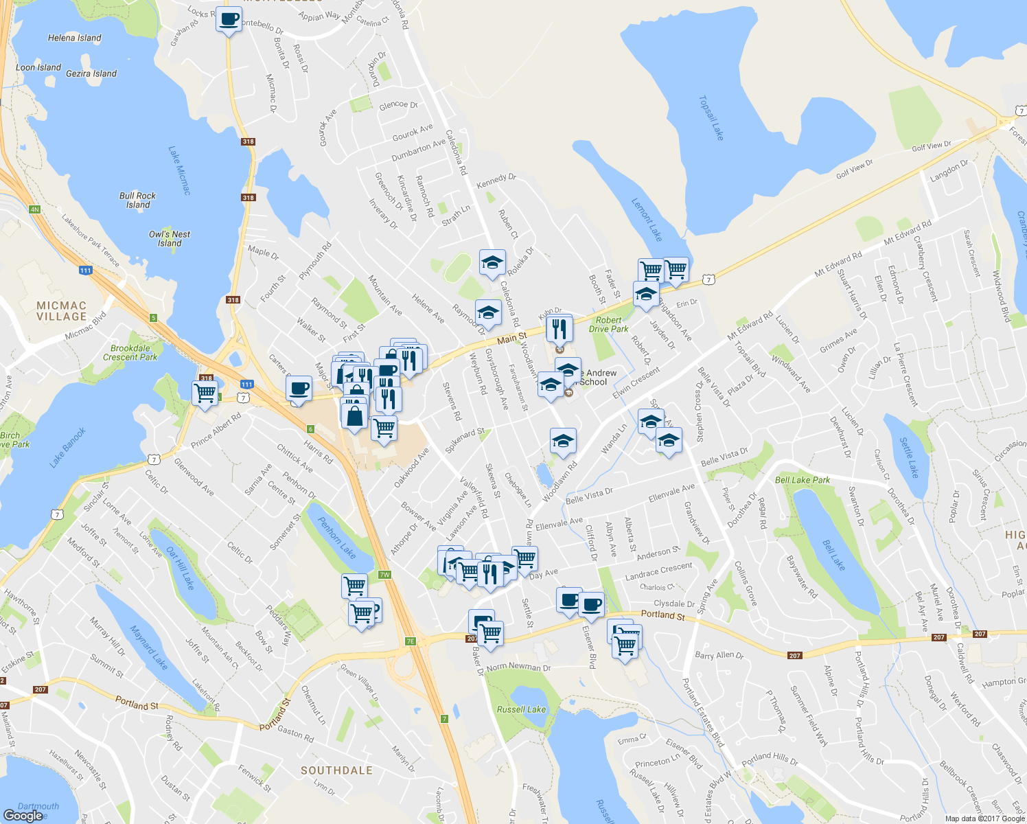 map of restaurants, bars, coffee shops, grocery stores, and more near 31 Guysborough Avenue in Dartmouth