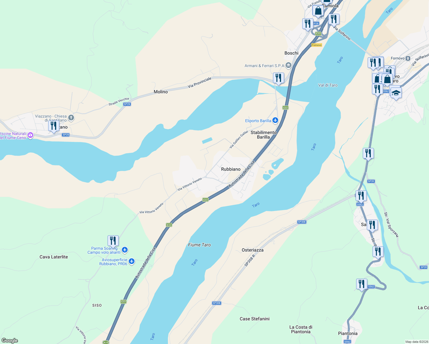 map of restaurants, bars, coffee shops, grocery stores, and more near 12 Via Galileo Galilei in Rubbiano