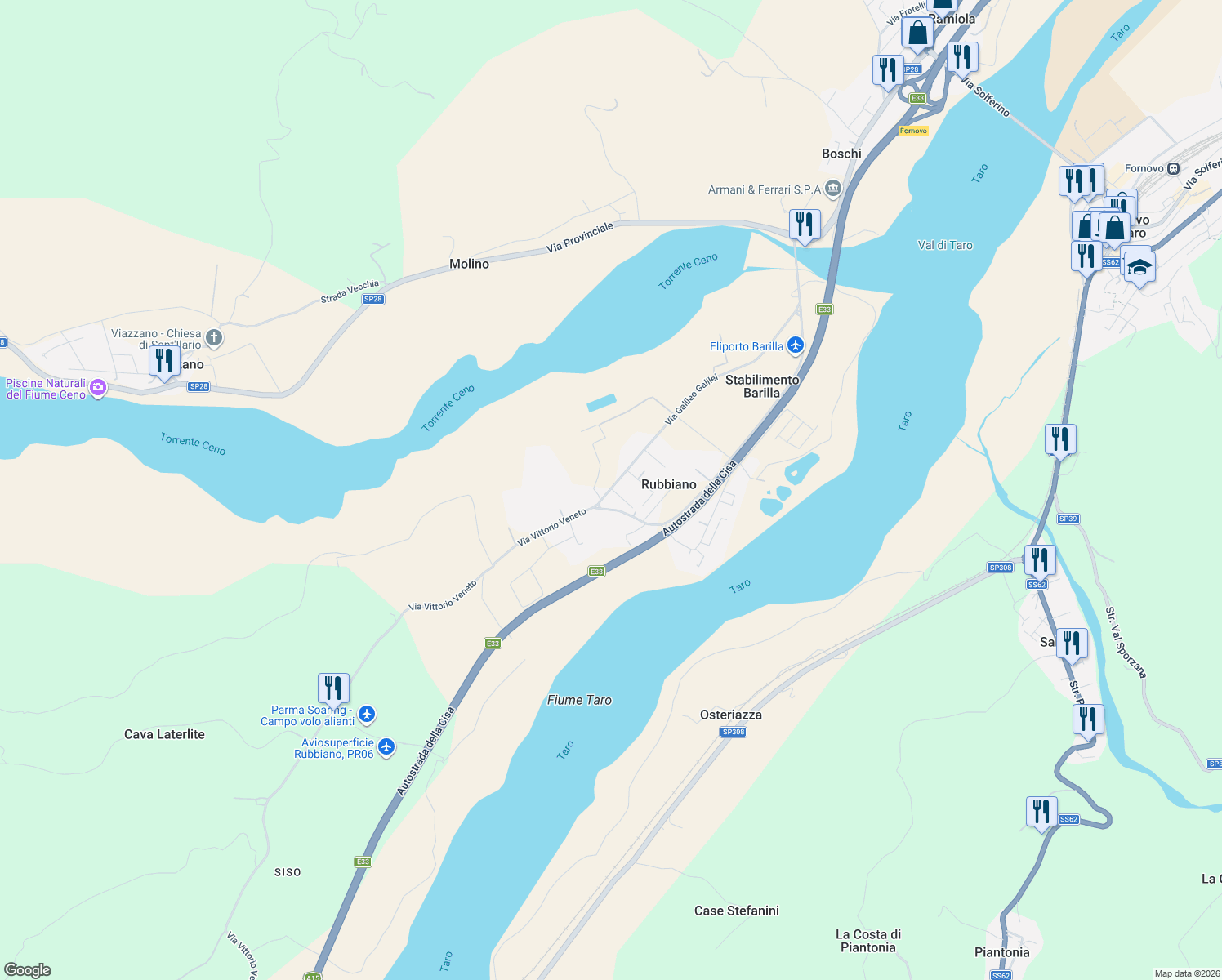 map of restaurants, bars, coffee shops, grocery stores, and more near 1 Via Enrico Fermi in Rubbiano