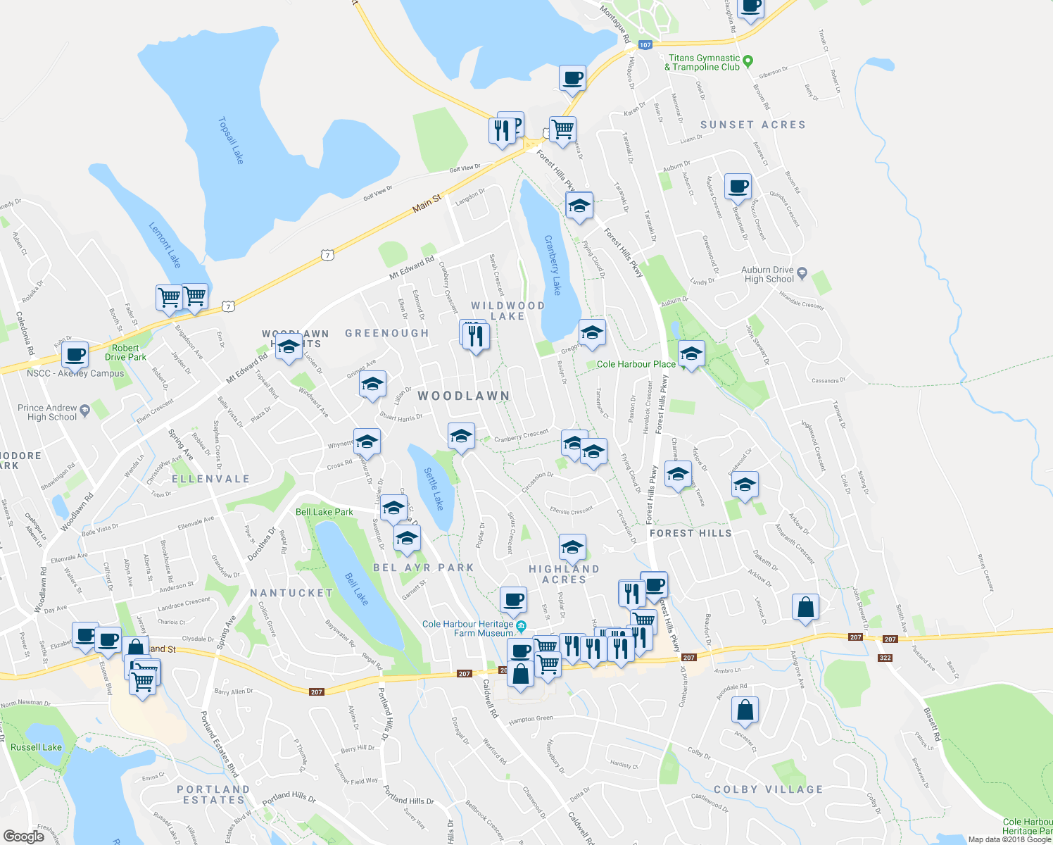 map of restaurants, bars, coffee shops, grocery stores, and more near 4 Pondicherry Crescent in Dartmouth