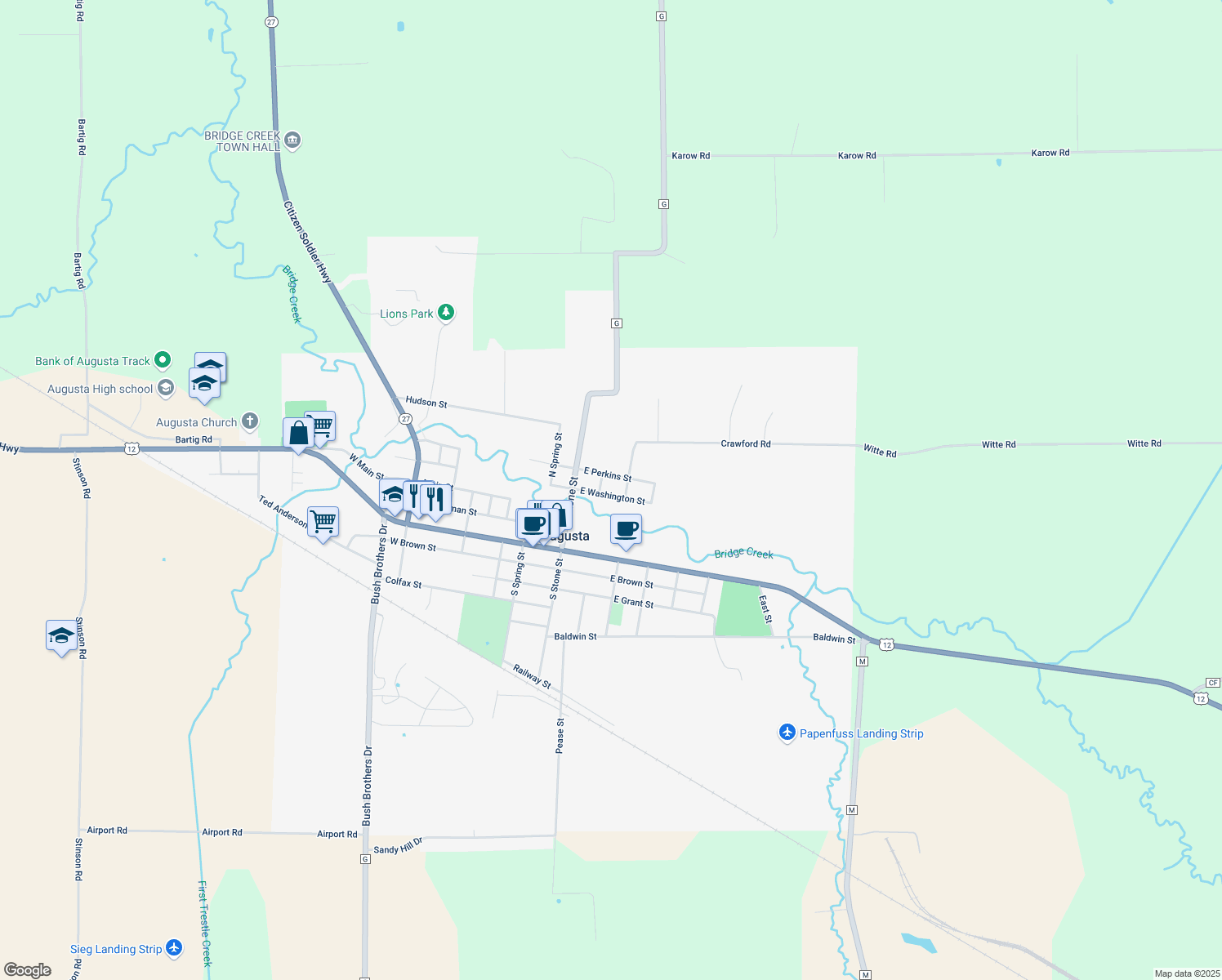 map of restaurants, bars, coffee shops, grocery stores, and more near 212 East Washington Street in Augusta