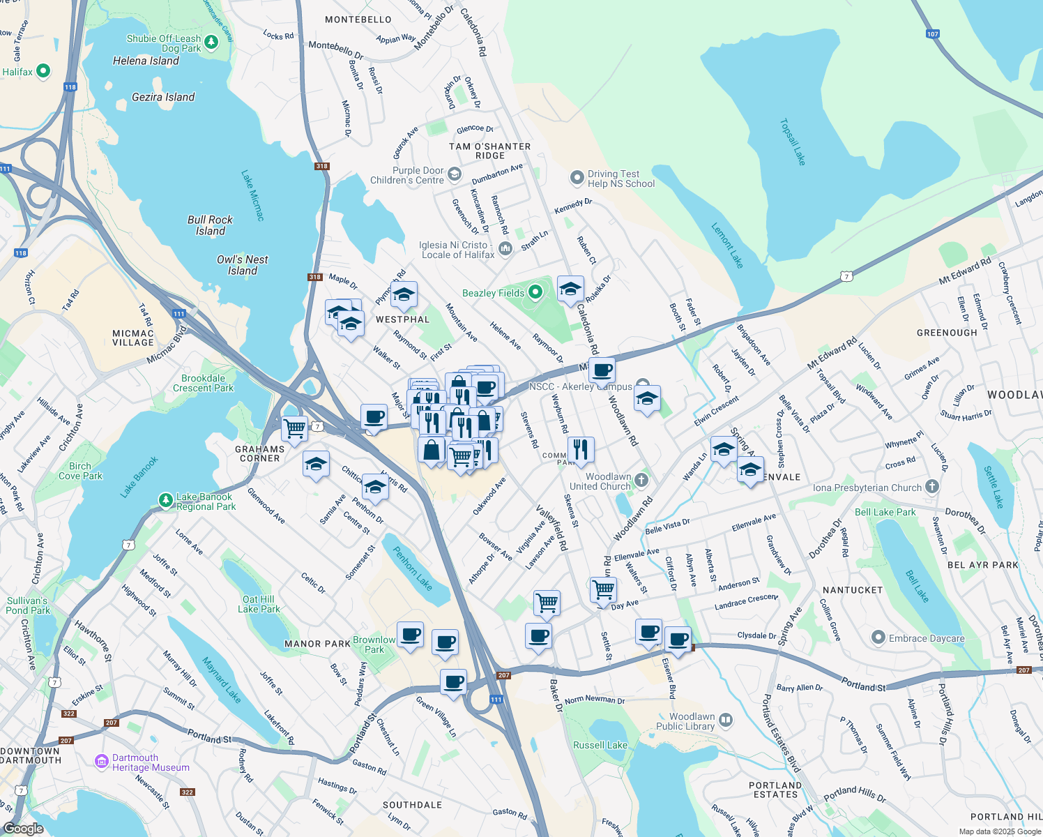 map of restaurants, bars, coffee shops, grocery stores, and more near 7 Stevens Road in Dartmouth