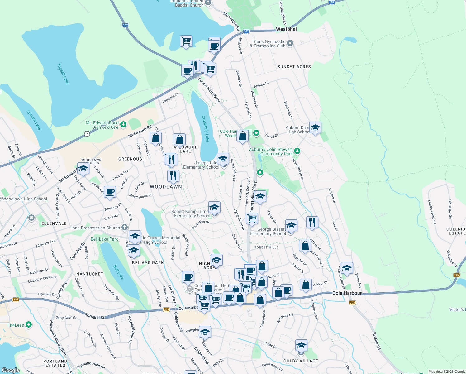 map of restaurants, bars, coffee shops, grocery stores, and more near 120 Flying Cloud Drive in Dartmouth