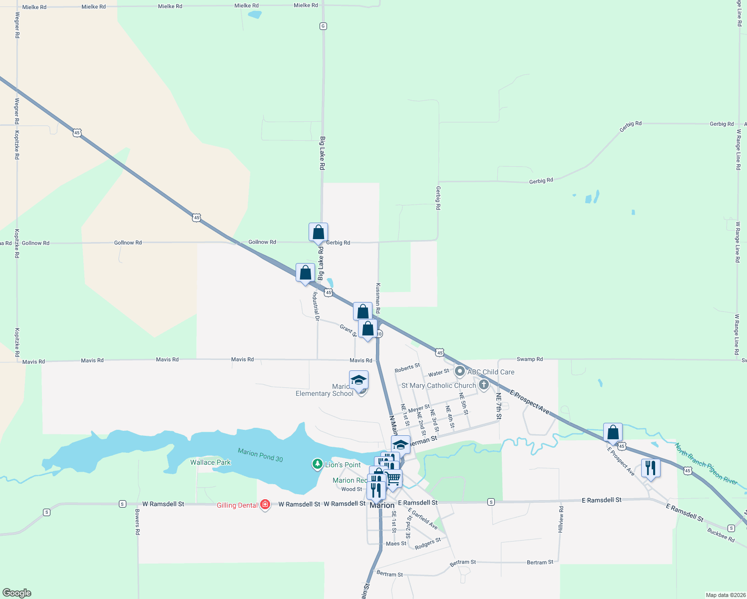 map of restaurants, bars, coffee shops, grocery stores, and more near 1207 Kussman Road in Marion