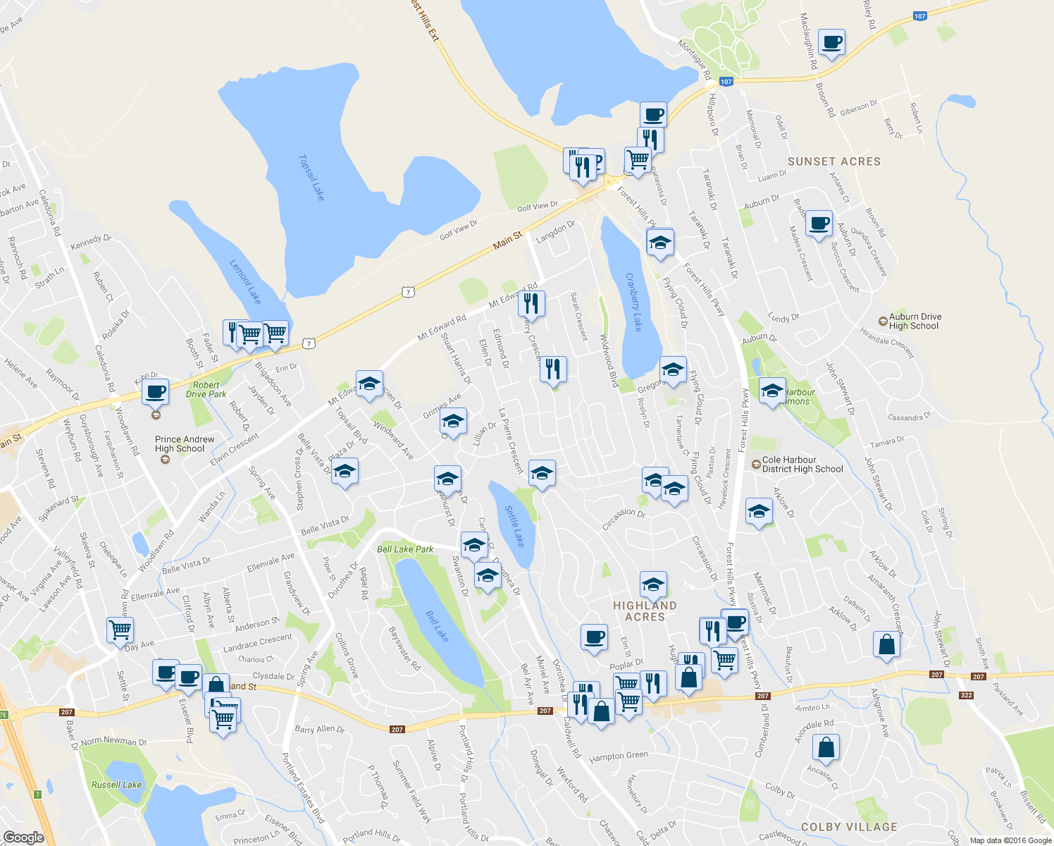 map of restaurants, bars, coffee shops, grocery stores, and more near 24 La Pierre Crescent in Dartmouth
