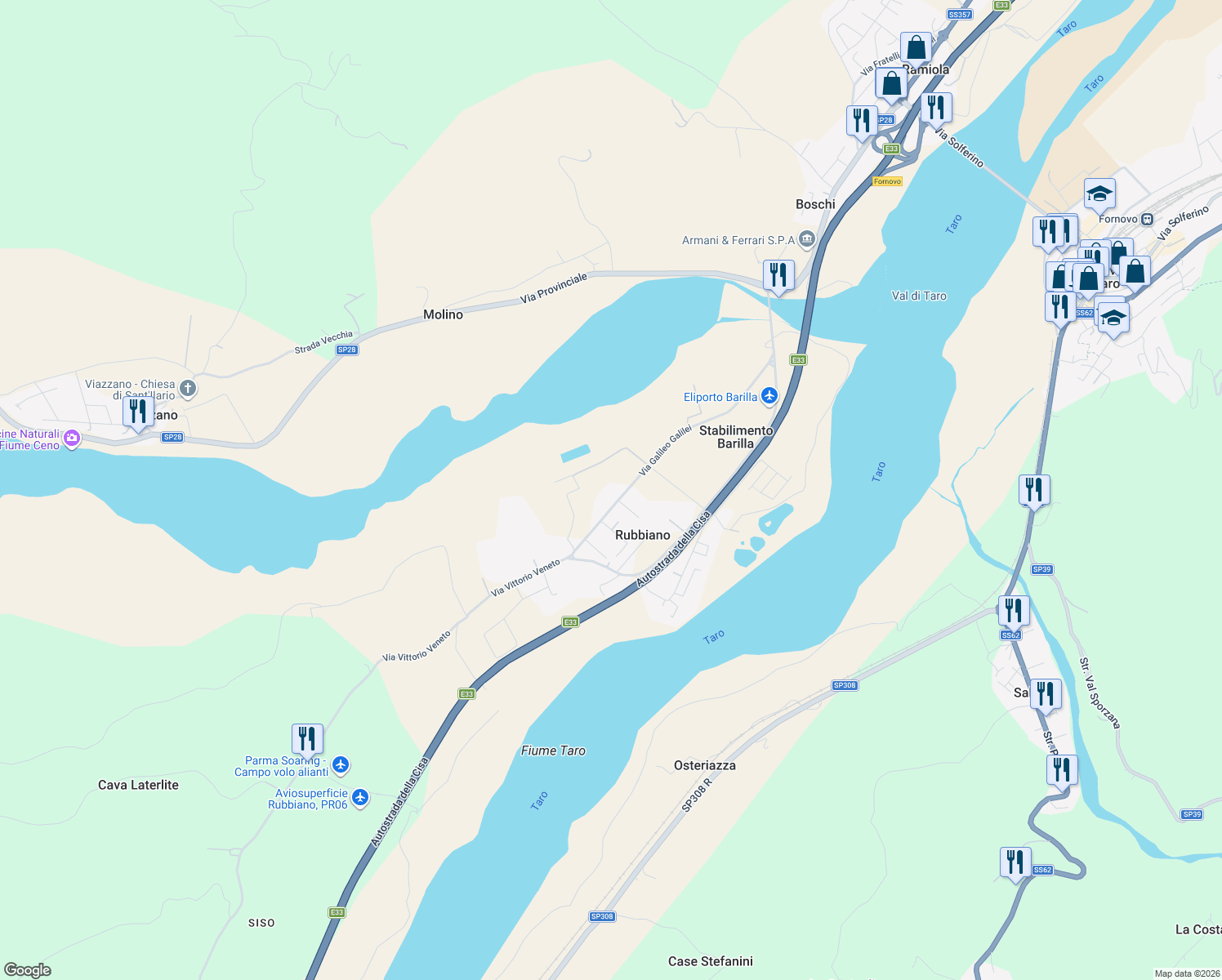 map of restaurants, bars, coffee shops, grocery stores, and more near 12 Via Galileo Galilei in Rubbiano