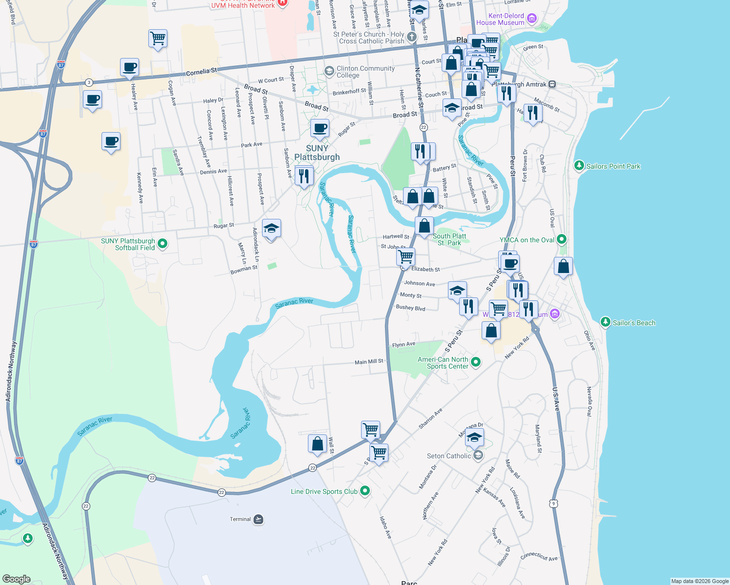 map of restaurants, bars, coffee shops, grocery stores, and more near 20 Riverside Ave in Plattsburgh