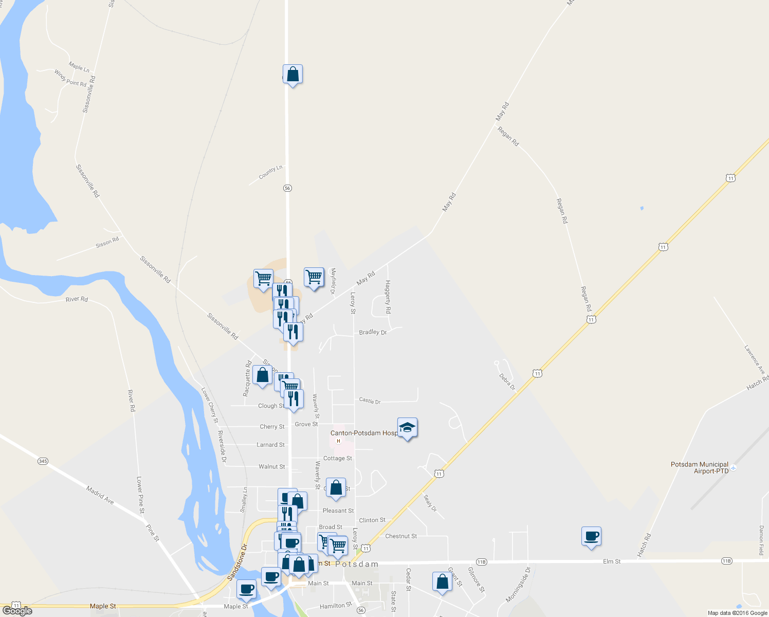 map of restaurants, bars, coffee shops, grocery stores, and more near 10 Haggerty Rd in Potsdam