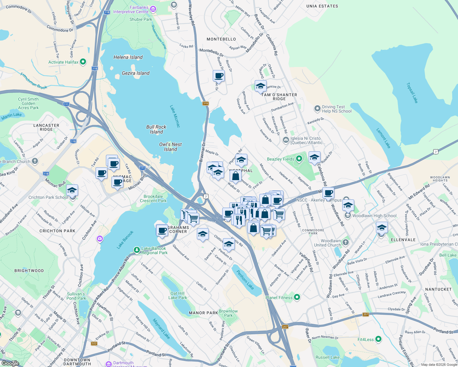 map of restaurants, bars, coffee shops, grocery stores, and more near 28 Walker St in Dartmouth