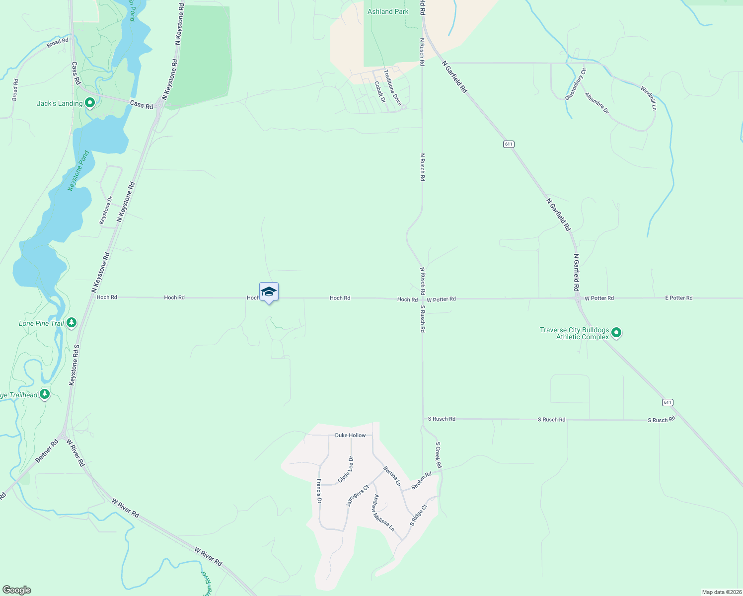map of restaurants, bars, coffee shops, grocery stores, and more near 1244 Hoch Road in Traverse City