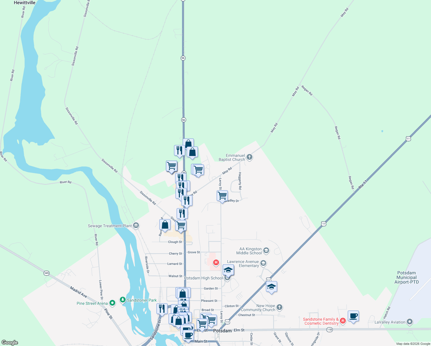 map of restaurants, bars, coffee shops, grocery stores, and more near 44 May Road in Potsdam