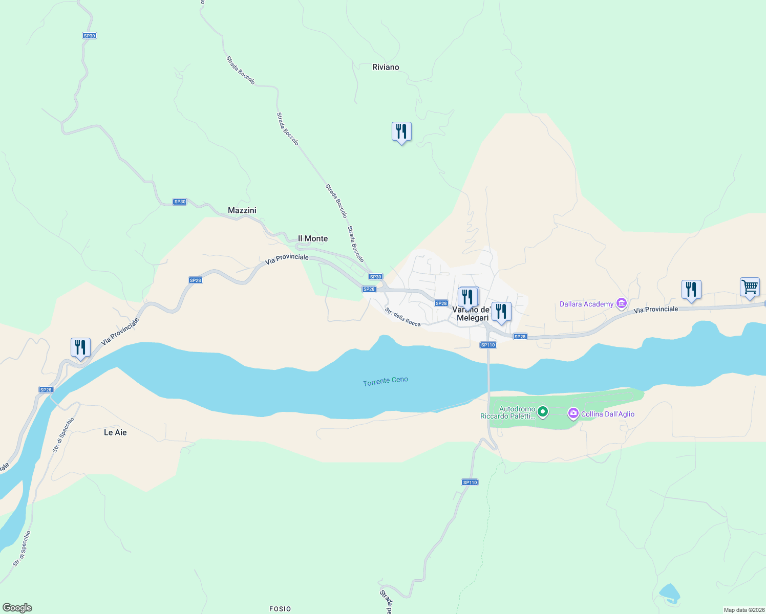 map of restaurants, bars, coffee shops, grocery stores, and more near 20 Strada della Rocca in Varano de' Melegari