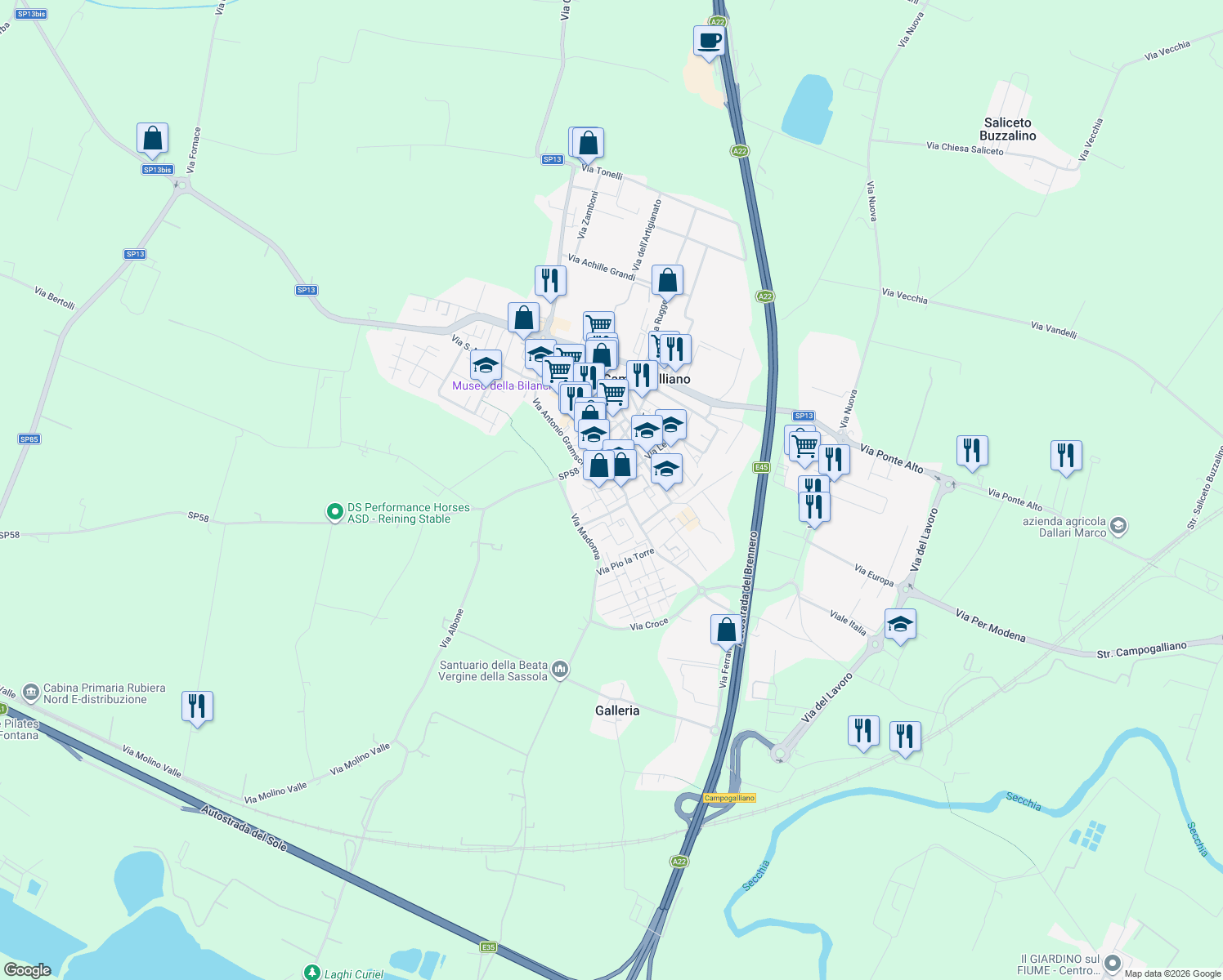 map of restaurants, bars, coffee shops, grocery stores, and more near 6 Via Barchetta in Campogalliano