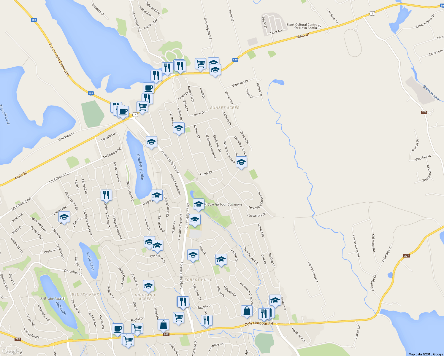 map of restaurants, bars, coffee shops, grocery stores, and more near 25 Lochiel Circle in Dartmouth