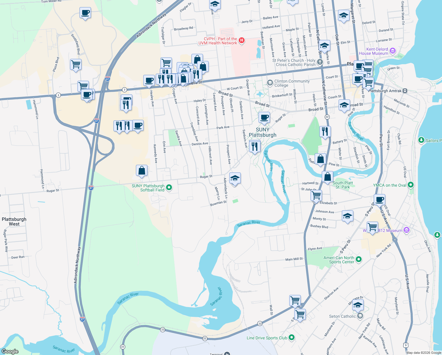 map of restaurants, bars, coffee shops, grocery stores, and more near 139 Rugar Street in Plattsburgh