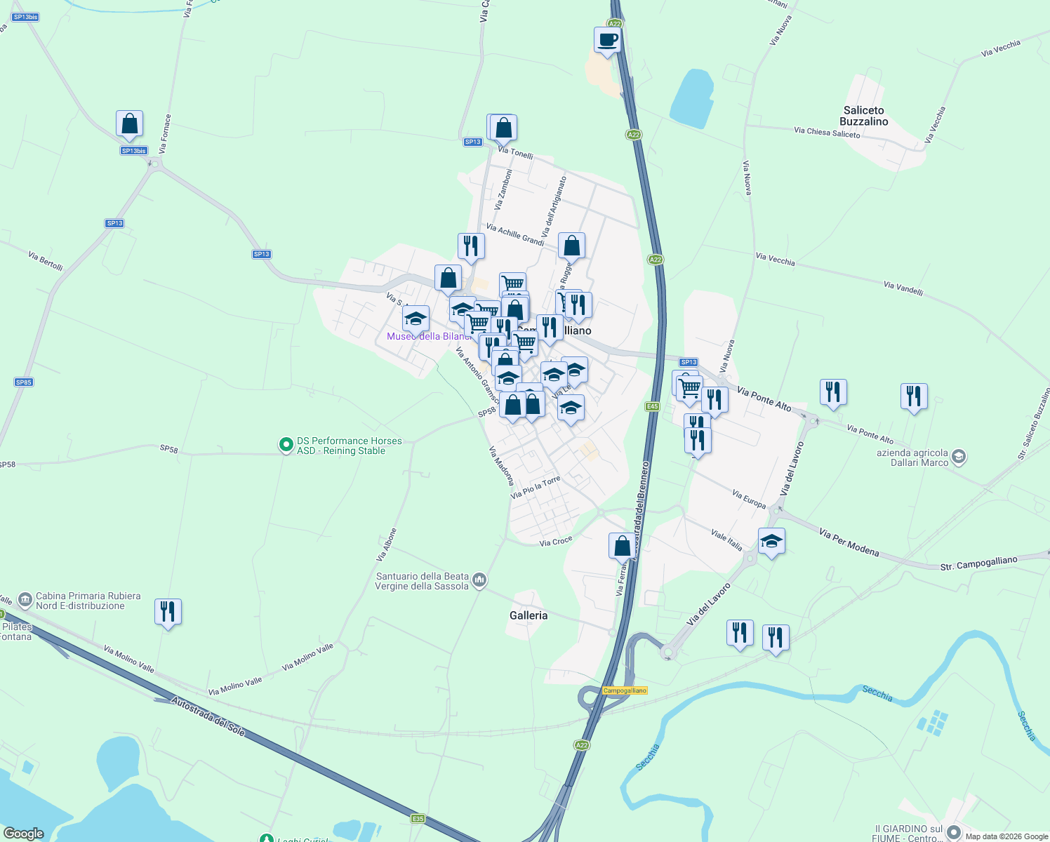 map of restaurants, bars, coffee shops, grocery stores, and more near 6 Via Barchetta in Campogalliano