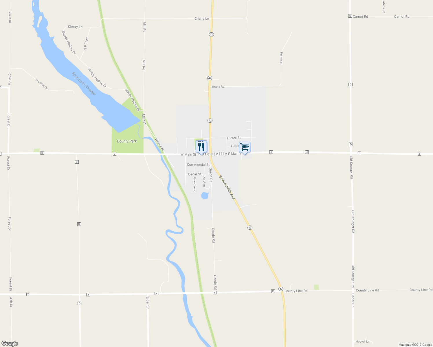 map of restaurants, bars, coffee shops, grocery stores, and more near 231 South Forestville Avenue in Forestville